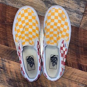 Yellow, red and blue checkered slip on vans